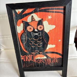 Retro Halloween Owl Trick Or Treat Standing 3D Wooden 12"x 8 Picture Table Decor